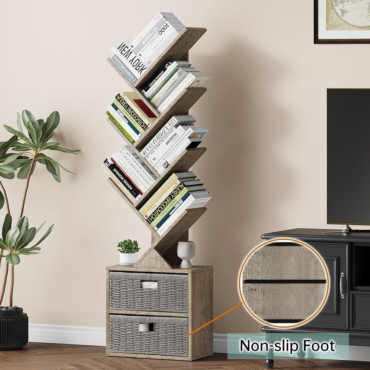 Vagusicc 6 Tier Tree Bookshelf, Modern Floor Standing Bookcase with Storage Drawer, Space Saving Storage Organizer Book Shelves for Books - image 4