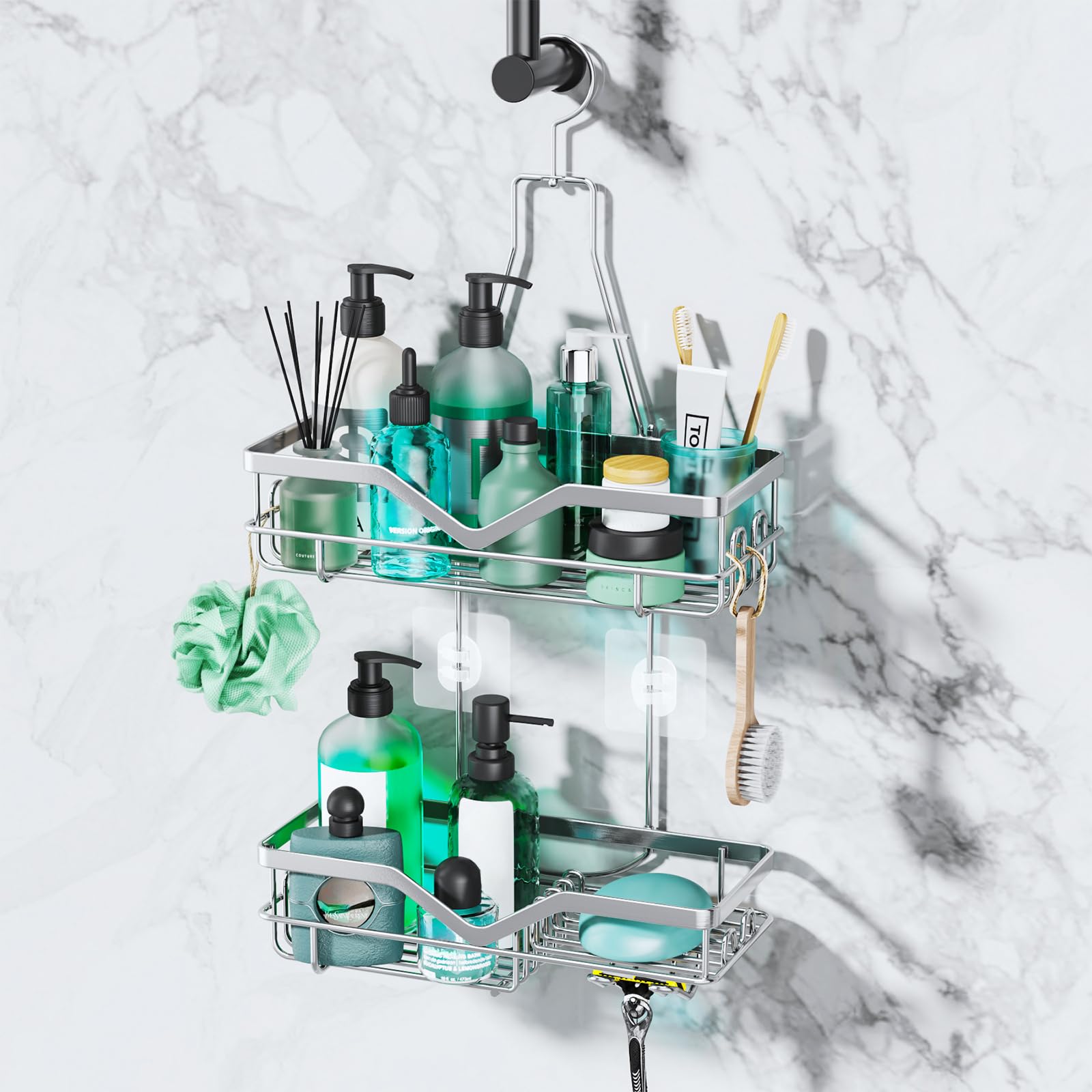 SWTYMIKI 2-Tier Hanging Shower Caddy | Stainless Steel No-Drill Organizer