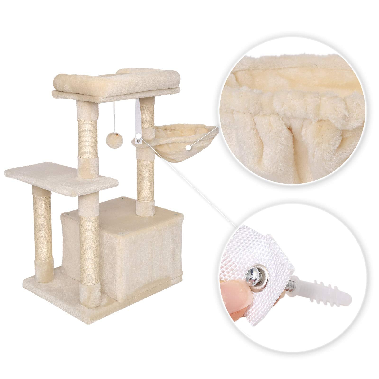 lionto Cat Scratching Post with Cave & Lounger - 85cm Sisal Cat Tree, Beige