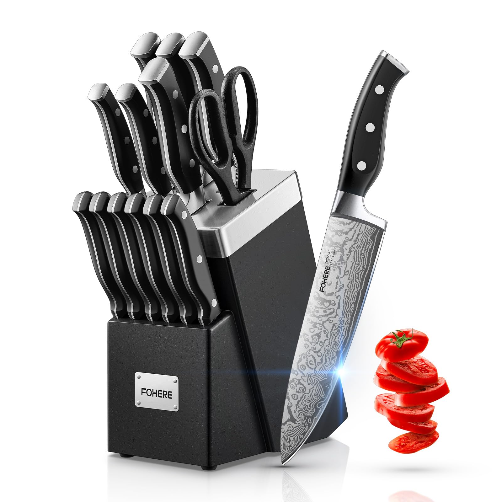 FOHERE 14-Piece Kitchen Knife Set with Sharpener - High Carbon Steel