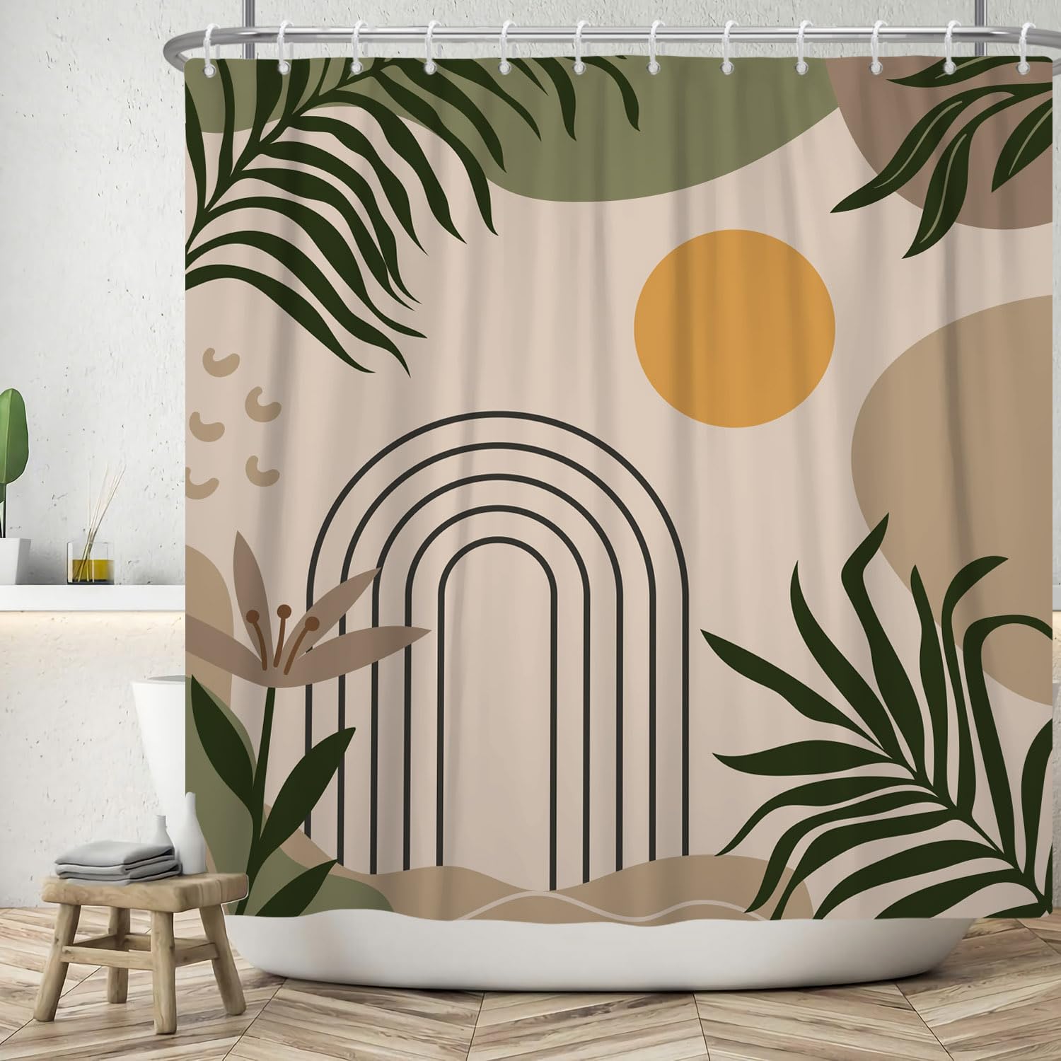 Boho Shower Curtain | Abstract Sun & Leaves Polyester 180x180cm