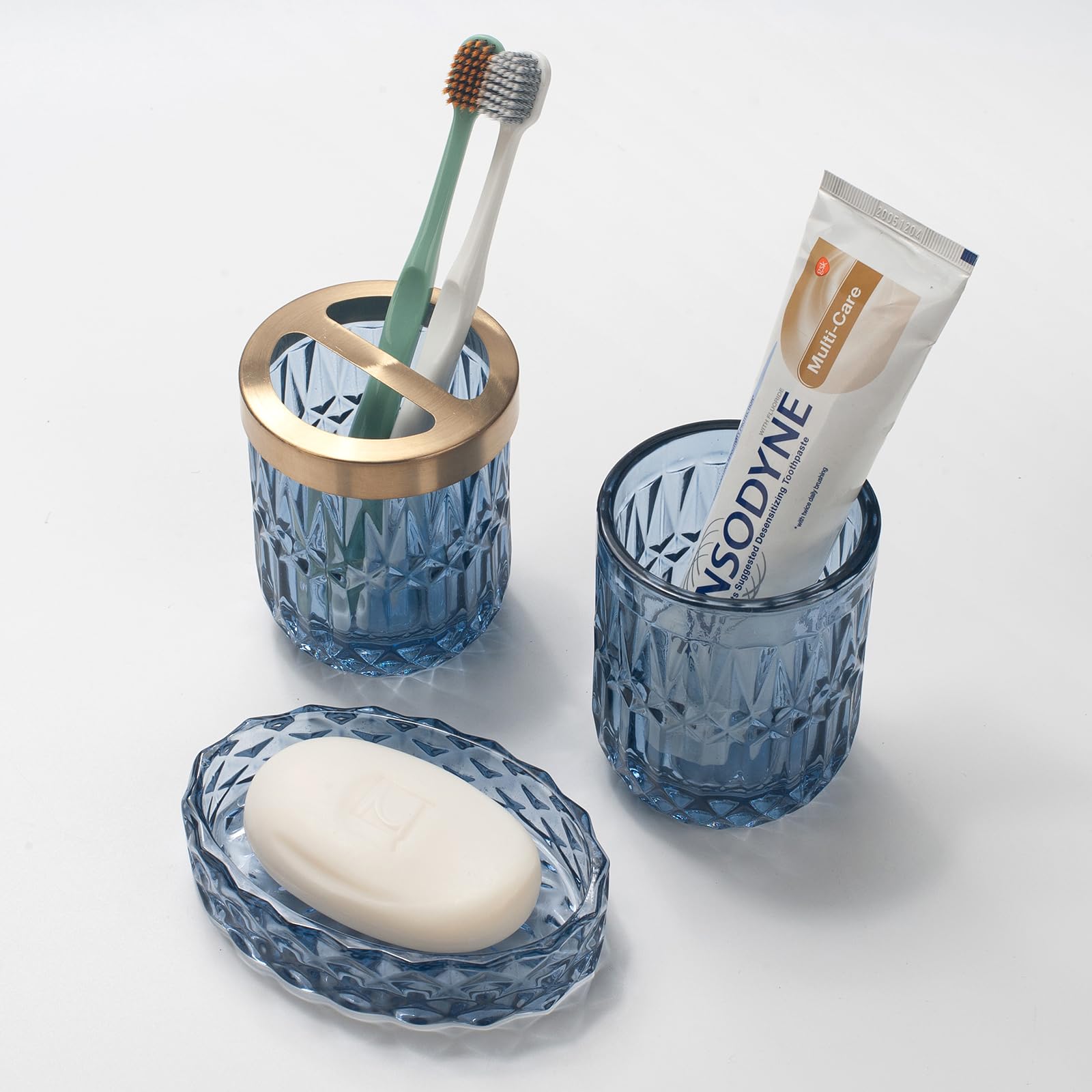 5-Piece Blue Glass Bathroom Accessories Set – Vintage Diamond Cut