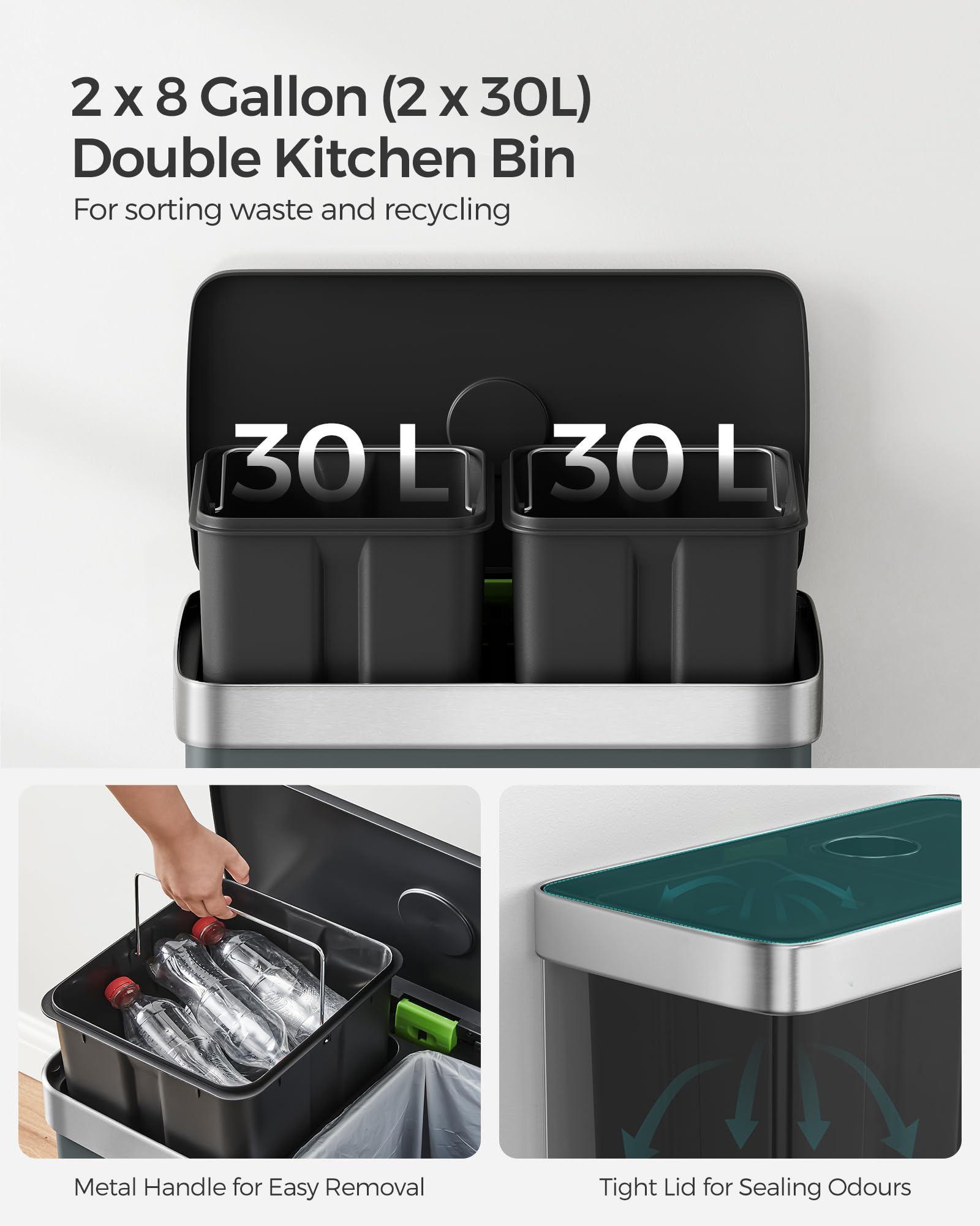 SONGMICS 60L Stainless Steel Kitchen Bin – Dual 30L Recycling Pedal Bin
