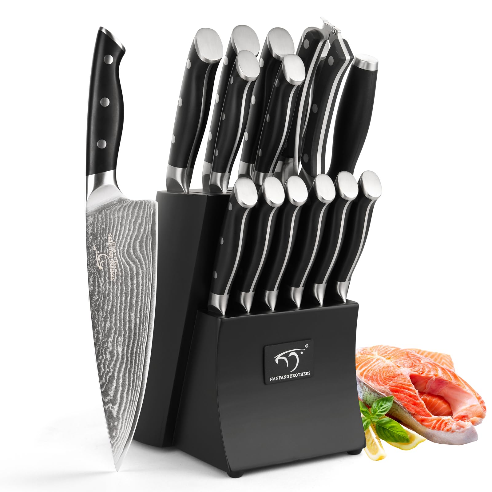 Jolof Store 15-Piece Damascus Steel Japanese Kitchen Knife Set with Block