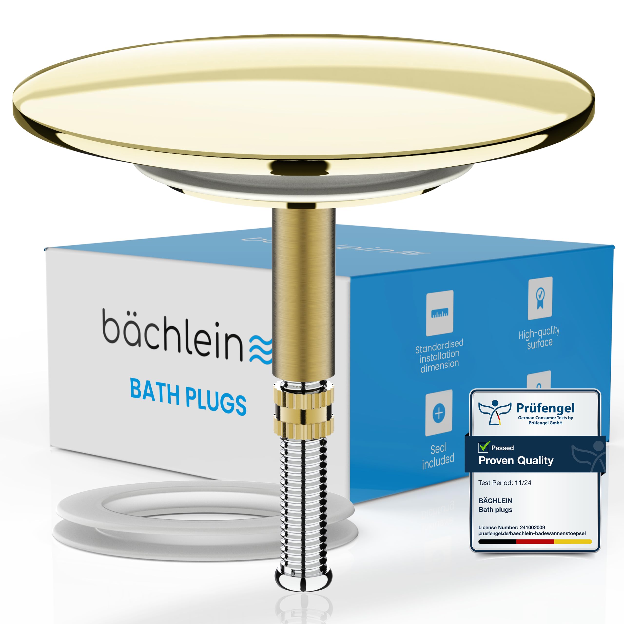 Bächlein Universal Bath Plug in Gold | Bathtub Drain with Replacement Seal