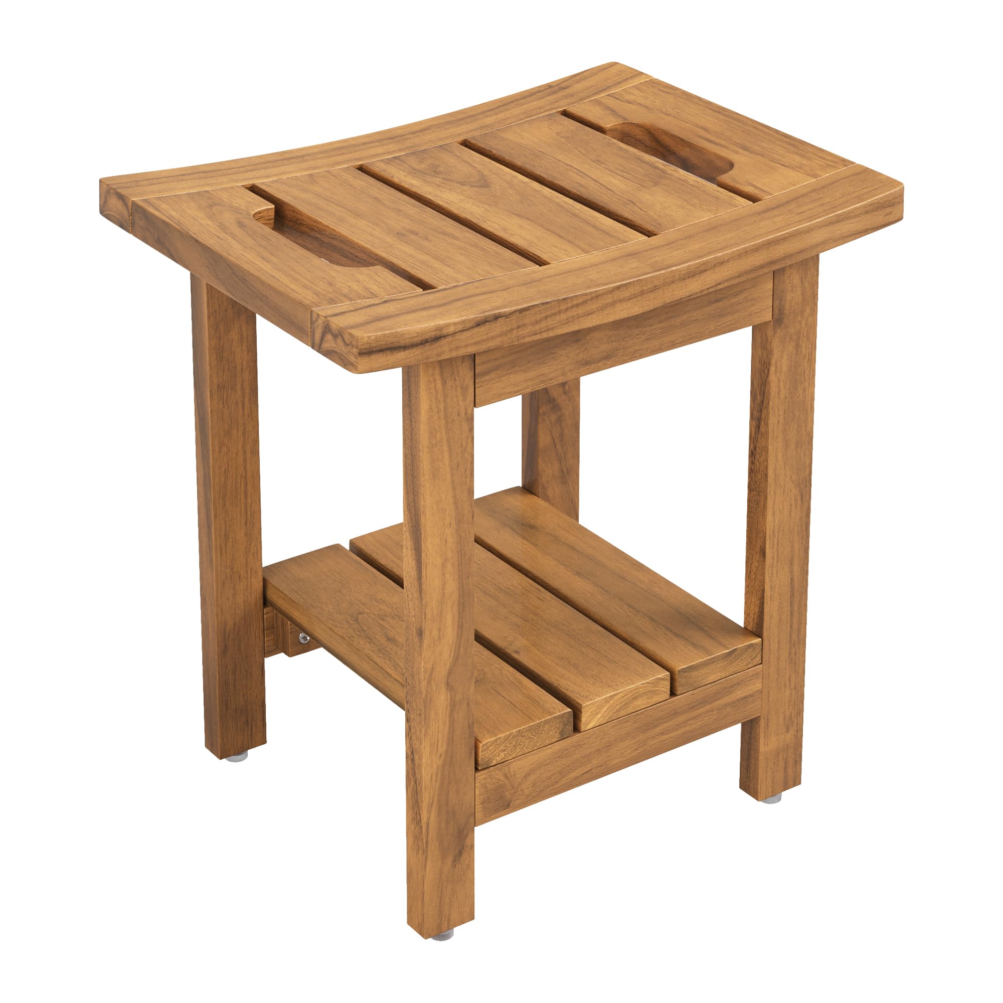 LUE BONA Solid Teak Shower Stool with Storage Shelf and Handles