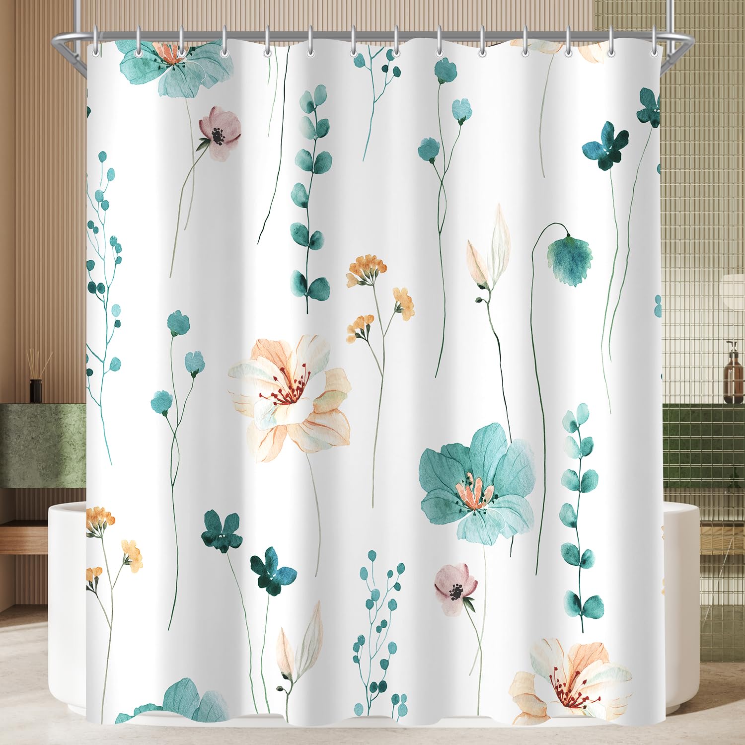 Lerores Teal Flower Shower Curtain | 150x200cm Anti-Mould Weighted Hem