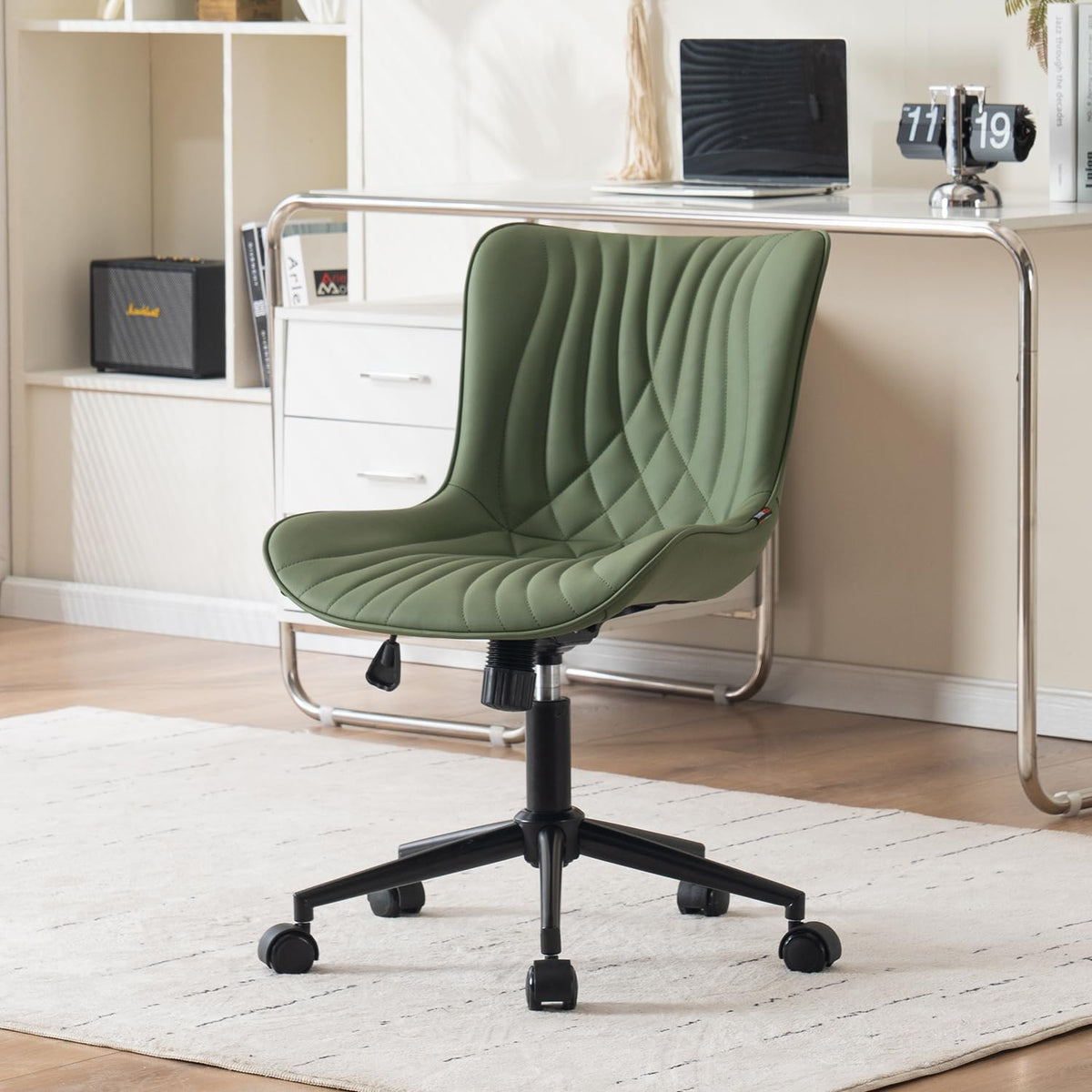 YOUTASTE Office Chair Adjustable, Ergonomic Desk Chair Armless PU Leather Swivel Chairs with Wheels for Home Office Computer, Modern, Olive Green - image 1