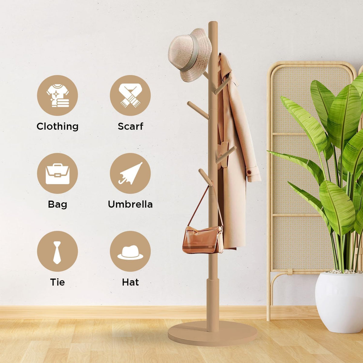 edihome, Coat Stand with Round Base, Freestanding Coat Rack with 8 Hooks, 172 x 38 x 38 cm, Wooden Hall Tree for Coats, Hats, Jackets - image 3
