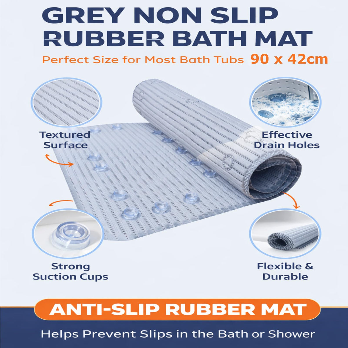 Non Slip Bath Mat Pvc Rubber With Secure Grip Suction Cups And Drain Holes Easy Clean Long Anti Mould Bathtub Mat 90cm x 42cm Ideal For Elderly Or - image 2
