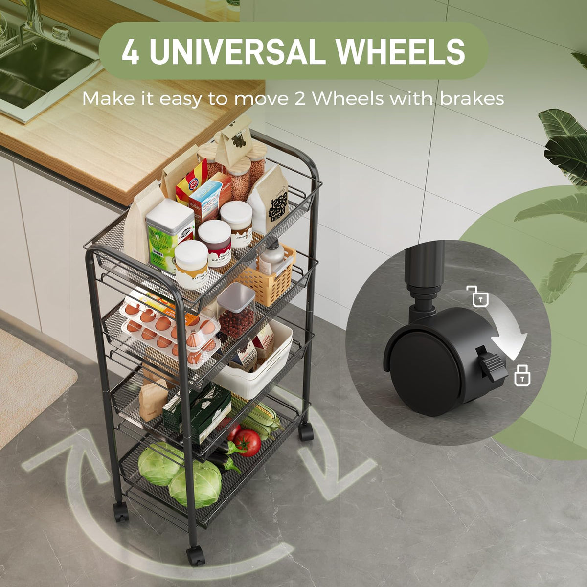 WELDUN 4-Tier Storage Trolley, Meatl Rolling Cart, Mesh Storage Cart Black - image 3
