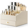 Vlando Faux Leather Makeup Organiser with Drawer – Cream White
