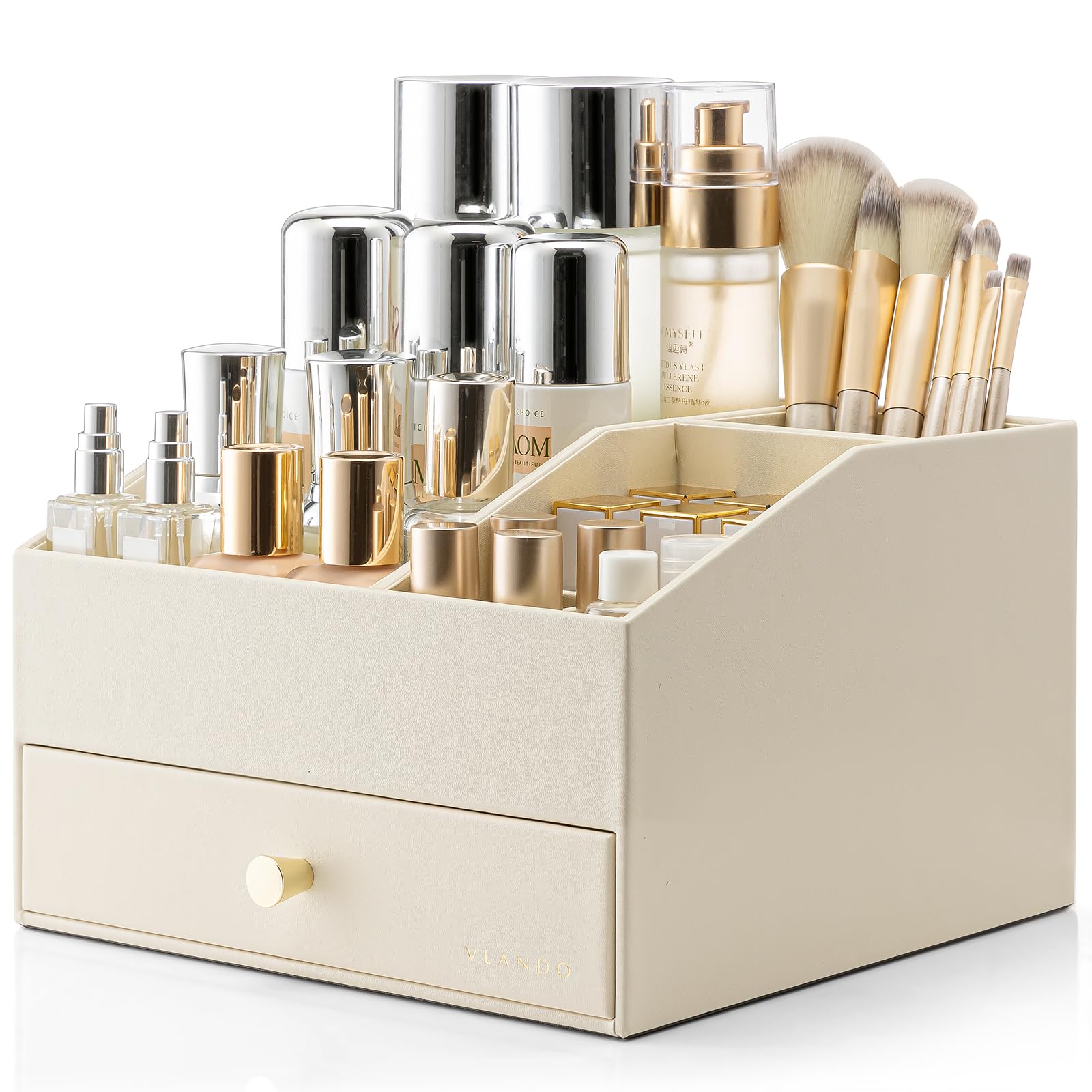 Vlando Faux Leather Makeup Organiser with Drawer – Cream White