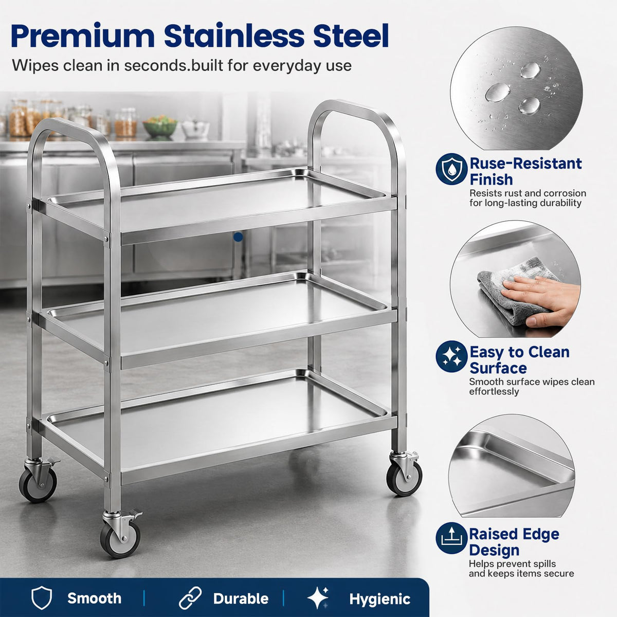 3 Tier Stainless Steel Cart, Rolling Catering Storage Cart 75×40×83cm - image 5