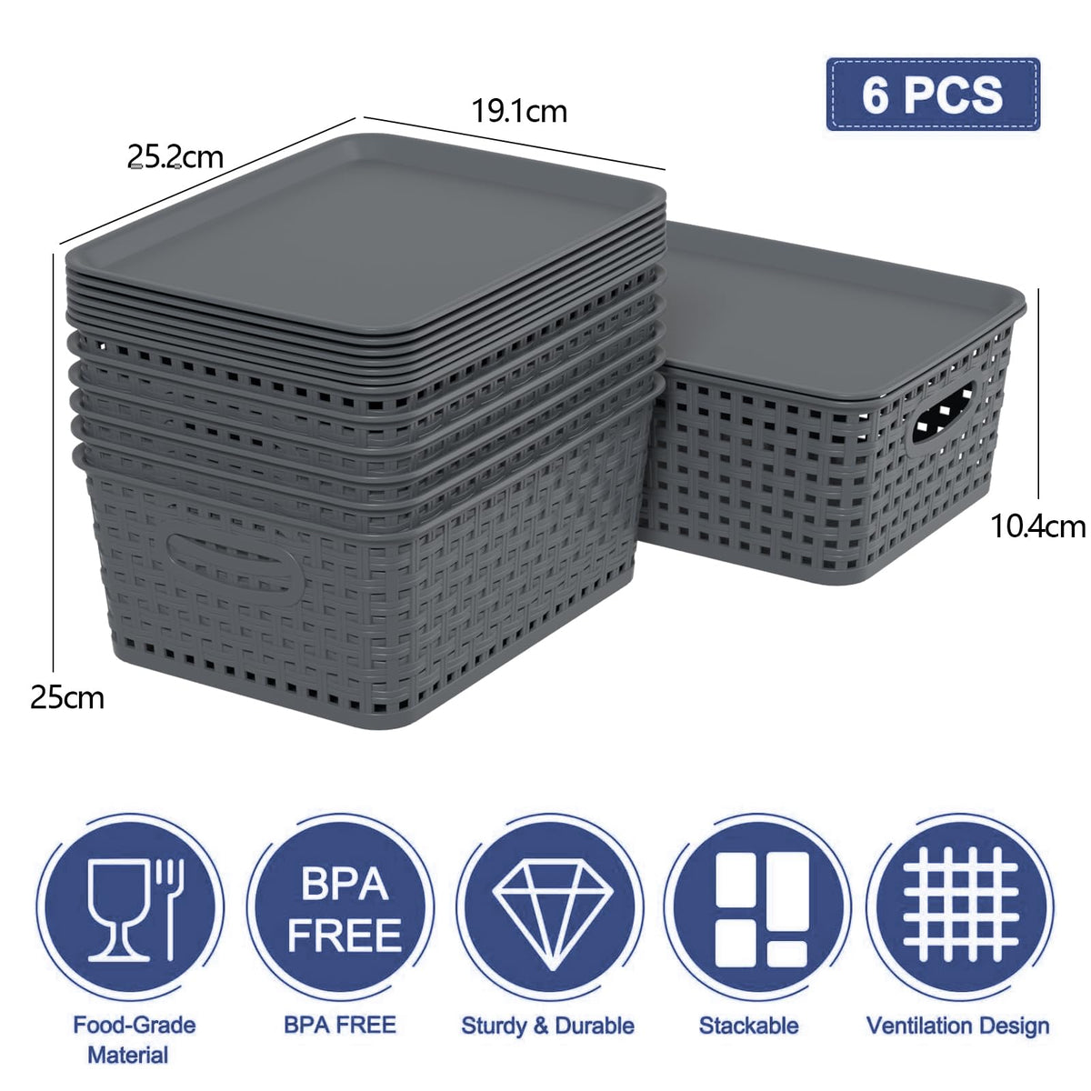 Vadidiya 6 Pack Plastic Weave Storage Baskets with Lids, Grey lidded Bins - image 3