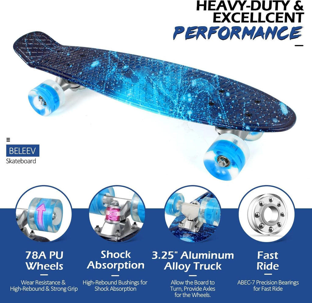 BELEEV 22 Inch Cruiser Skateboard with LED Light Up Wheels for Beginners