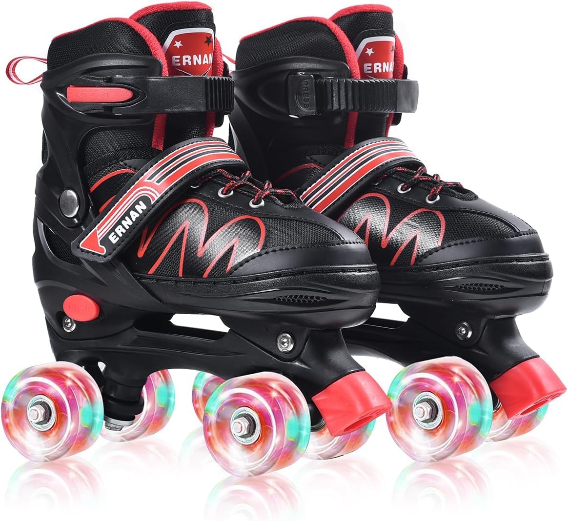 ERNAN Kids Roller Skates | 4 Size Adjustable Light Up Wheels - Red
