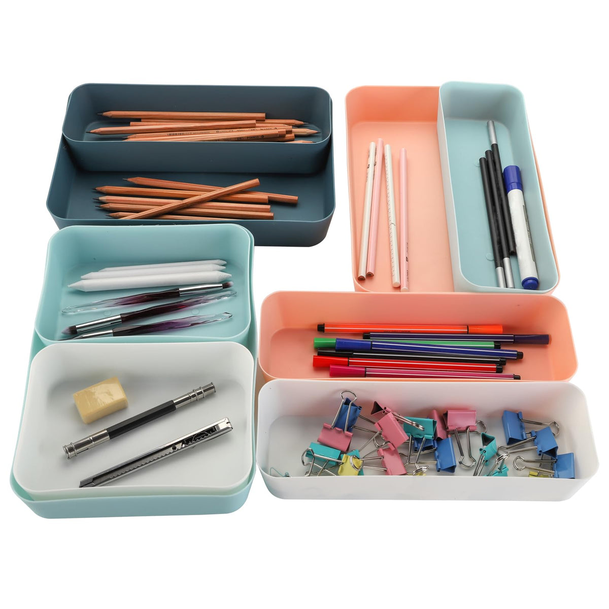 Suwimut 12 Pieces Plastic Drawer Organizer Set, 3 Size Desk Drawer Organizer Divider Trays for Makeup, Jewelry, Utensils, Gadgets - image 4
