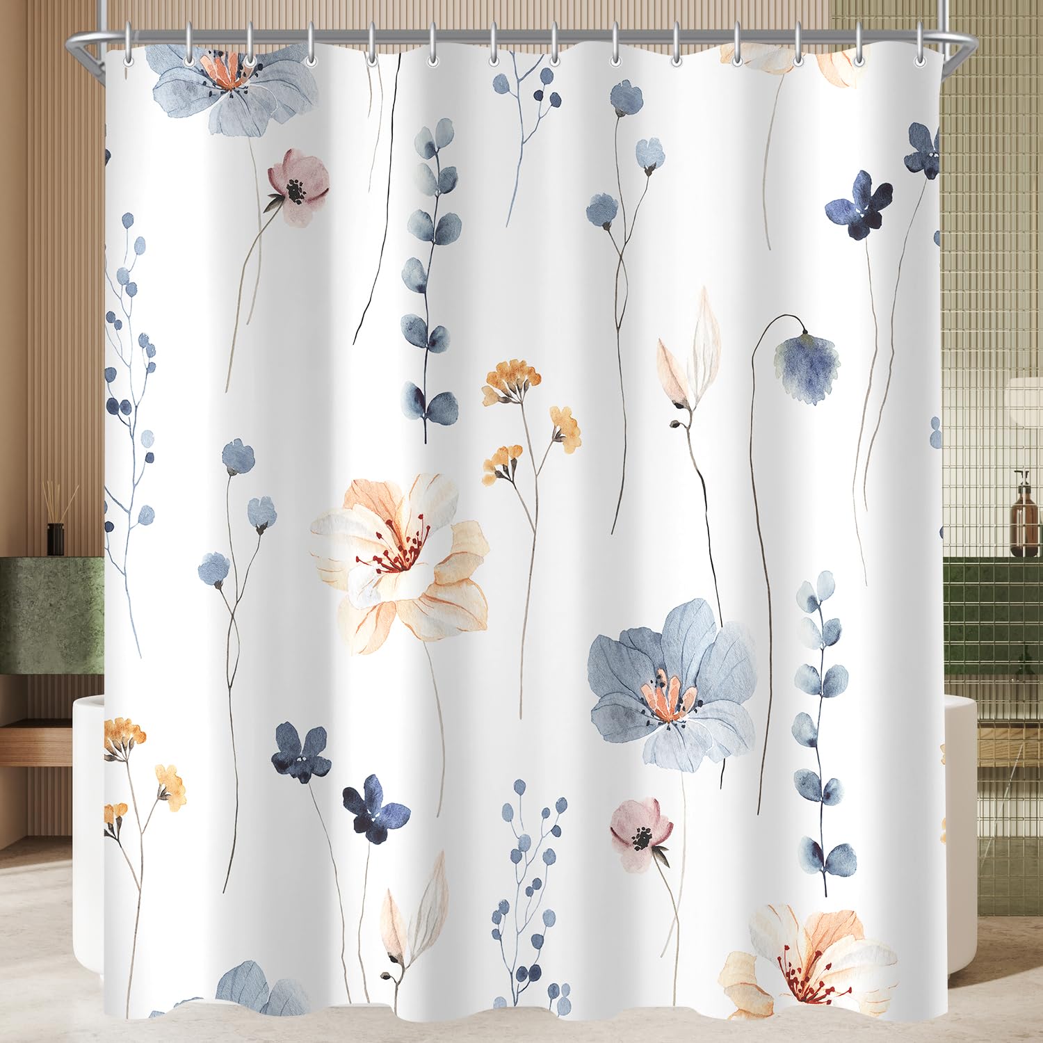 Lerores Blue Flower Shower Curtain – Anti-Mould Polyester (240 x 200 cm)