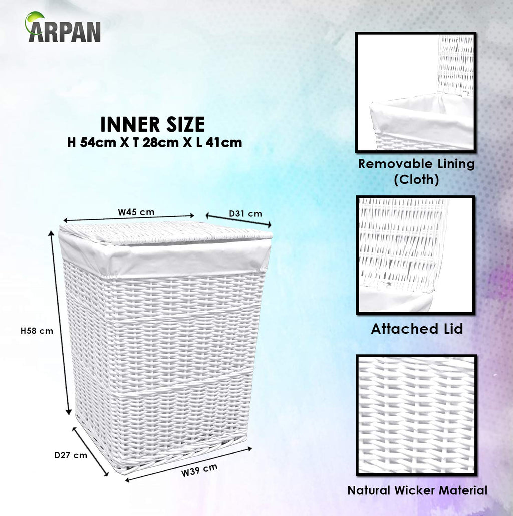 Arpan Large White Wicker Laundry Basket | 85L Hamper with Washable Liner