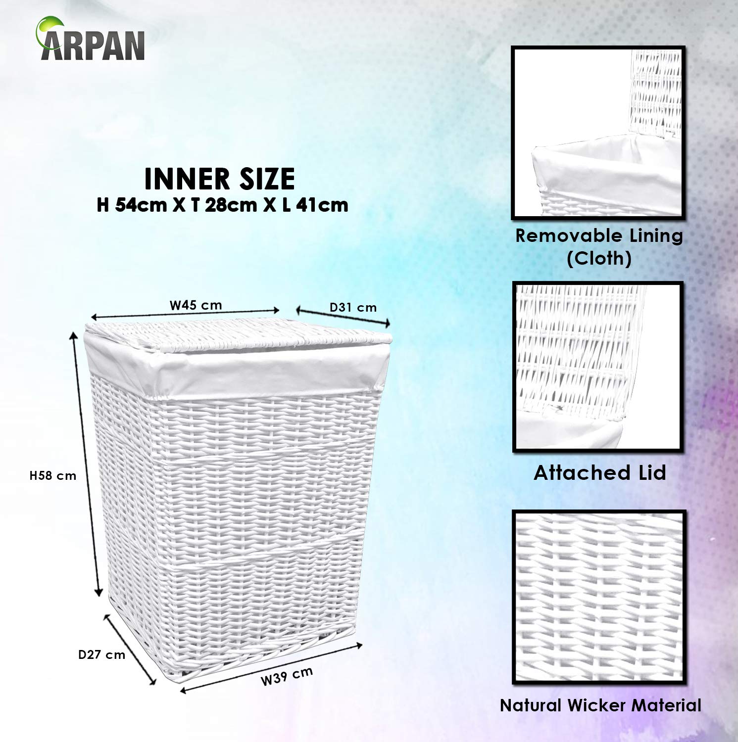 Arpan Large White Wicker Laundry Basket | 85L Hamper with Washable Liner
