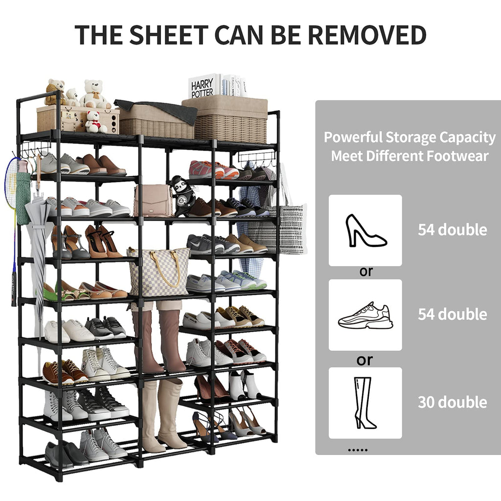 Finew 9-Tier Metal Shoe Rack | 50-55 Pair Stackable Storage Organizer - Black