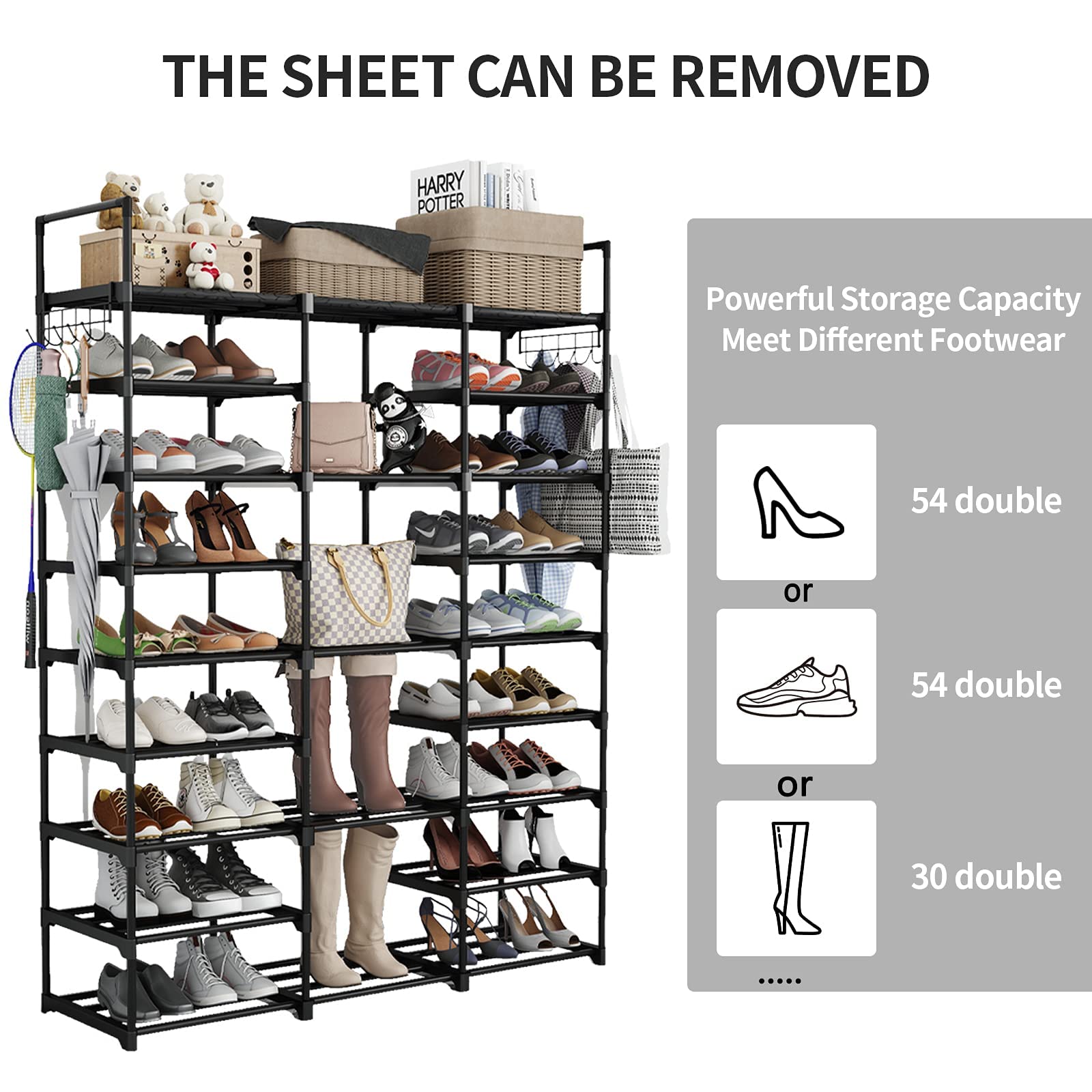 Finew 9-Tier Metal Shoe Rack | 50-55 Pair Stackable Storage Organizer - Black