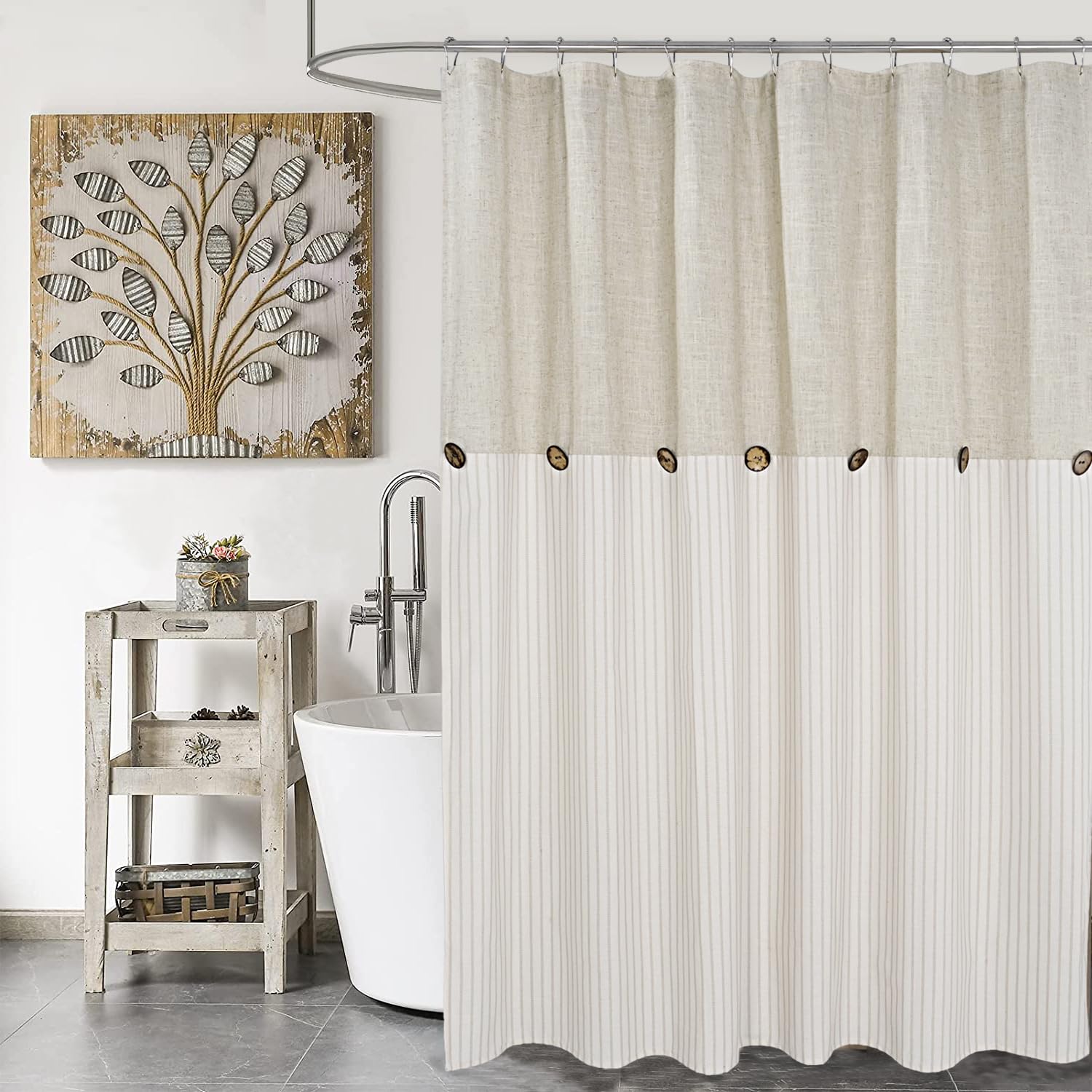 DOSLY IDÉES Farmhouse Linen Shower Curtain – Beige Striped with Buttons