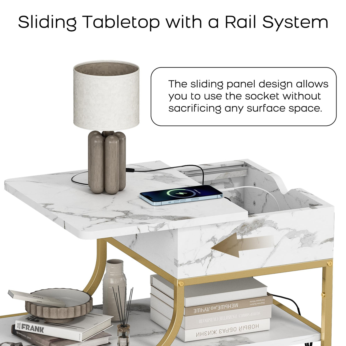 DAWNYIELD Side Table with Hidden Charging Station, Gold & White - image 4