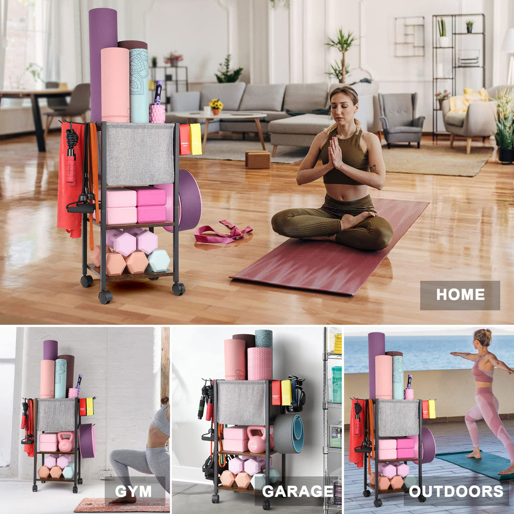 VINAEMO Yoga Mat Storage Rack - Home Gym Organizer with Hooks & Wheels