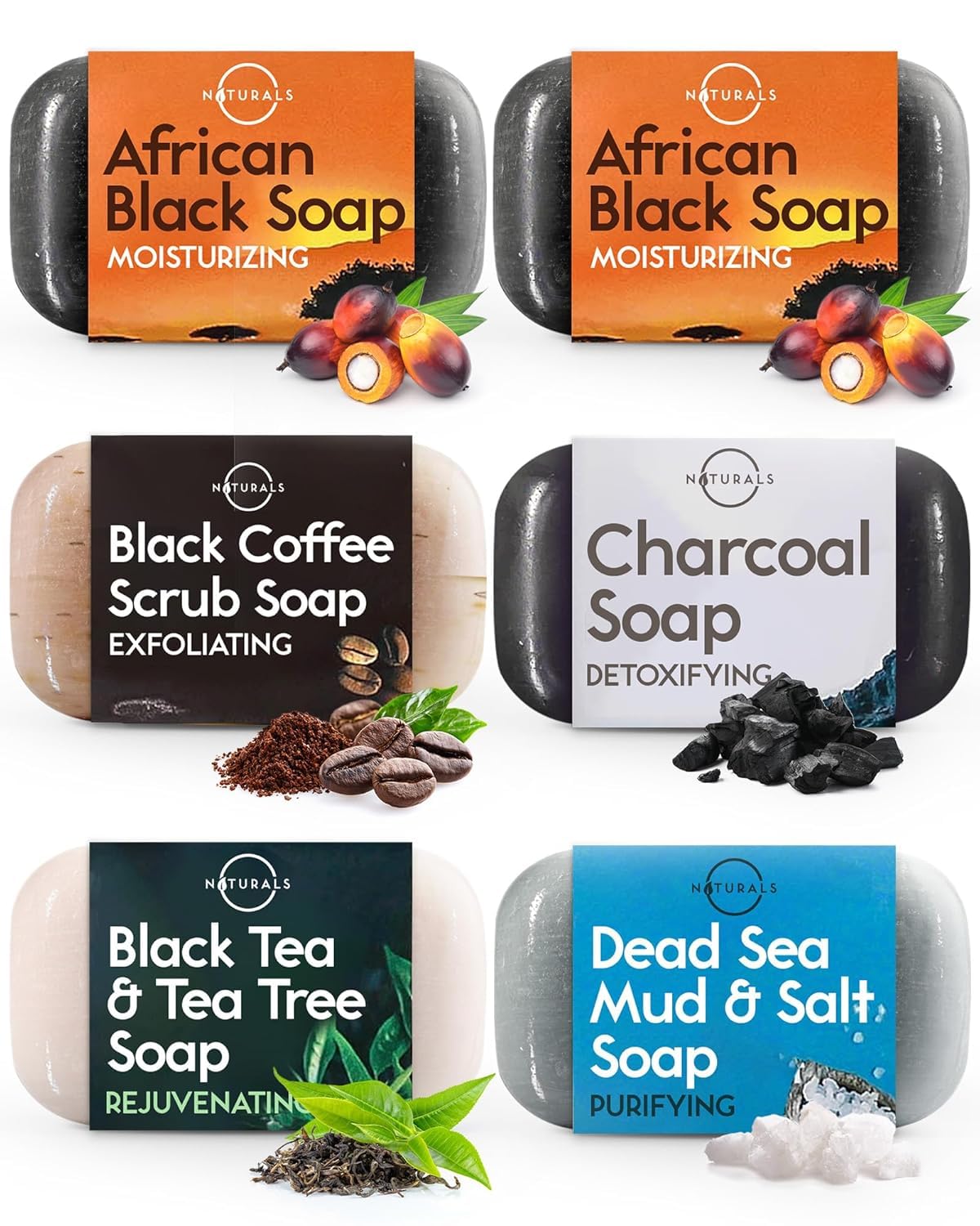 O Naturals African Black Soap Bar Collection - 6 Pack Organic Spa Set