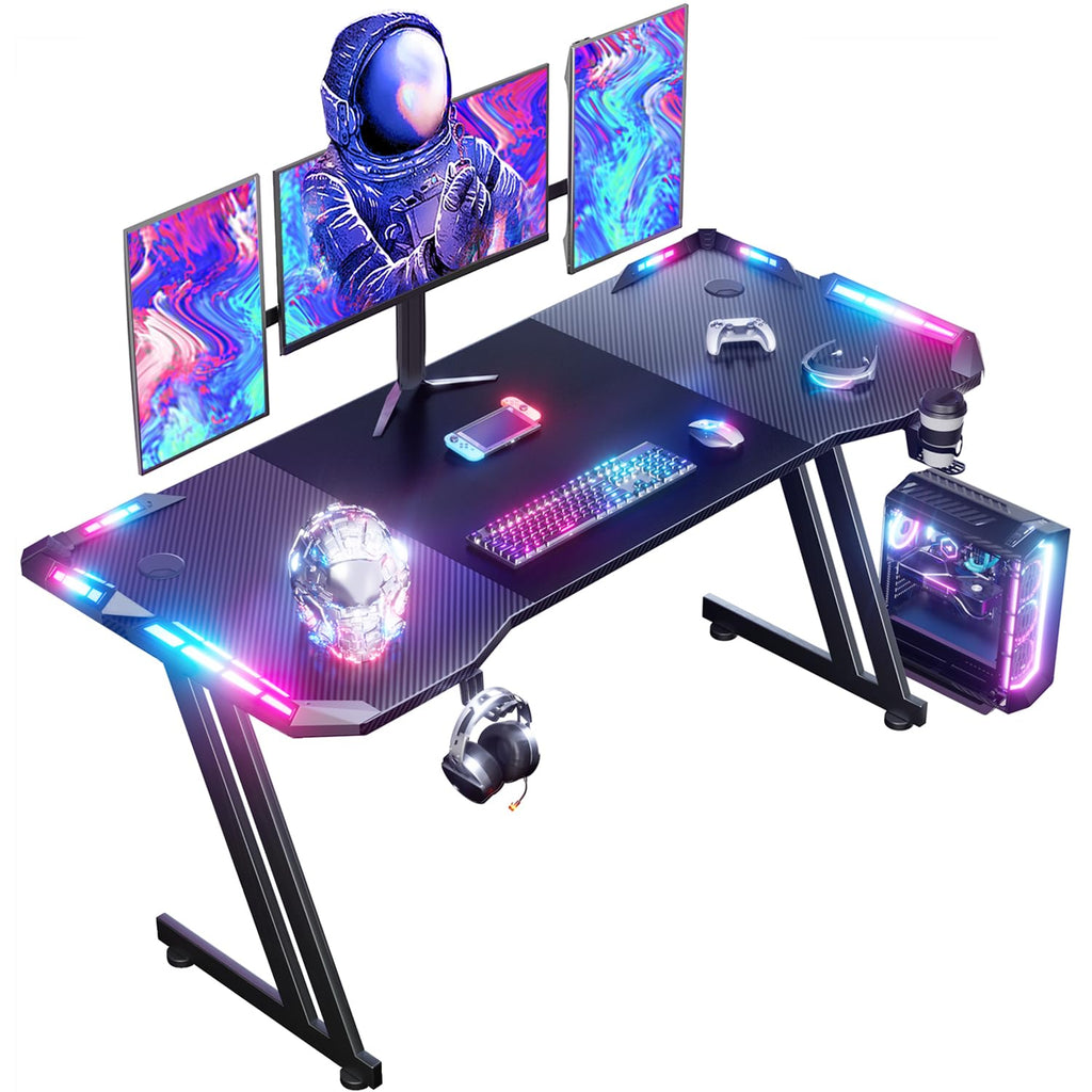 DLONGONE 160cm RGB Gaming Desk – Carbon Fiber PC Table with Cup Holder
