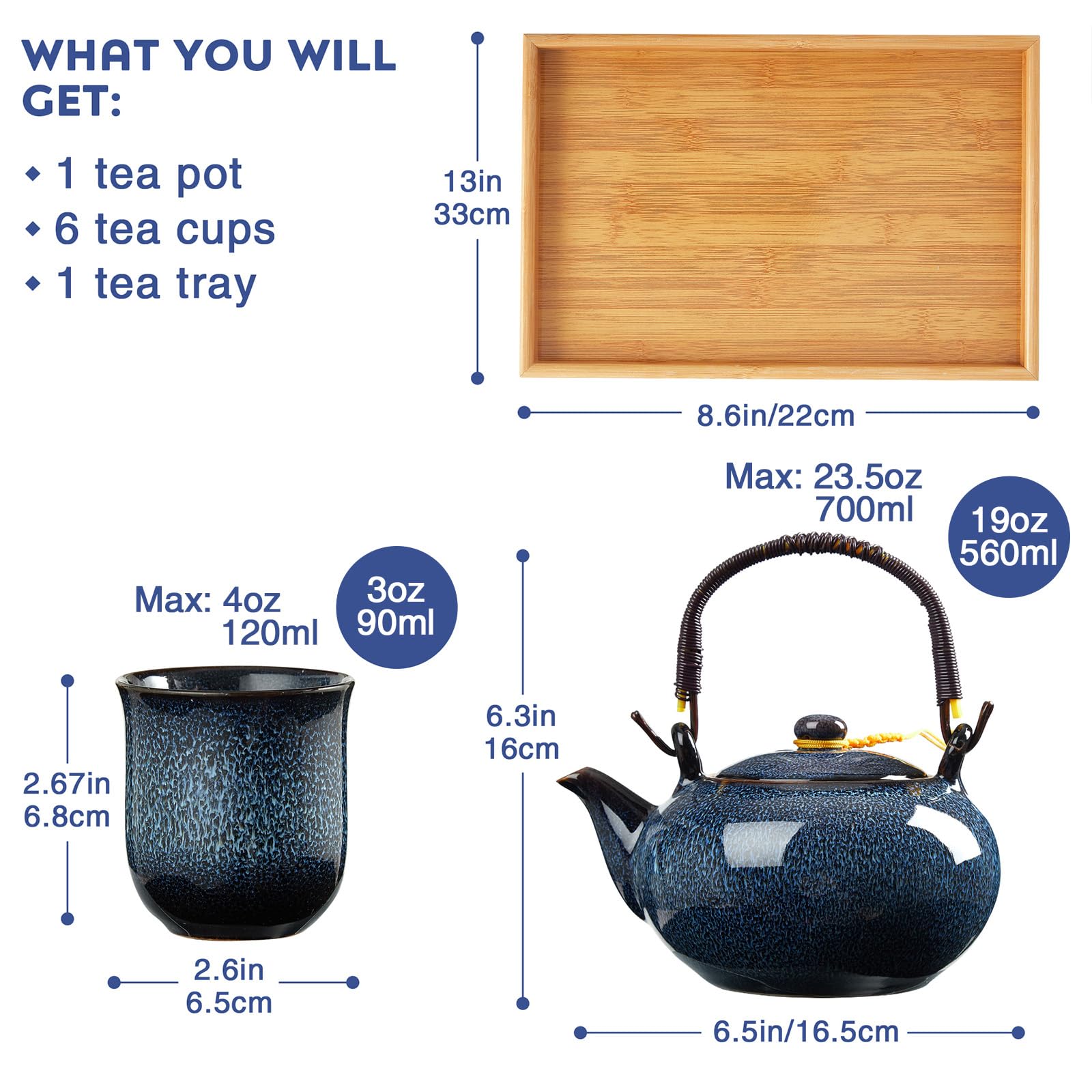 DUJUST Japanese Tea Set for 6 | Kiln Glaze Porcelain Teapot with Bamboo Tray