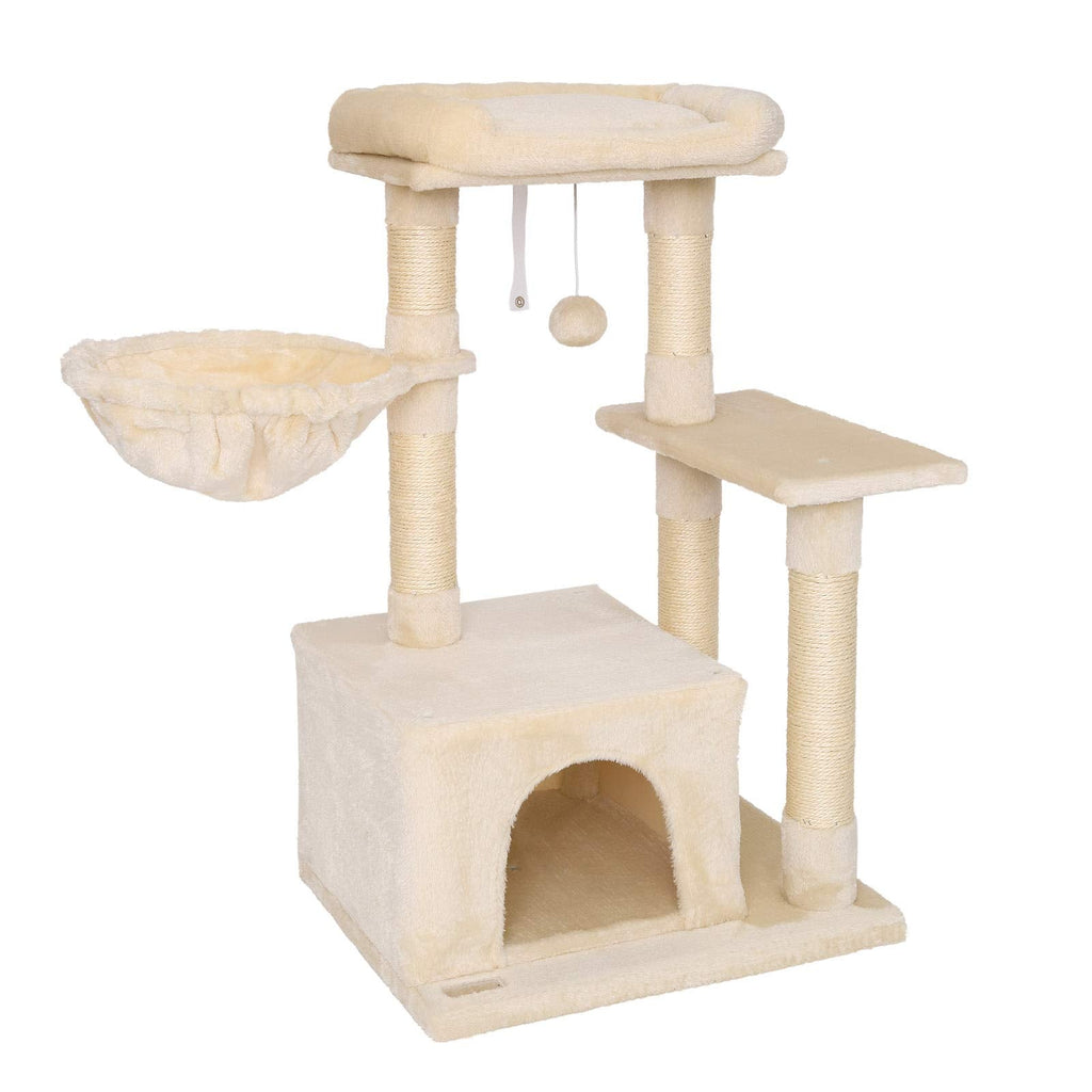 lionto Cat Scratching Post with Cave & Lounger - 85cm Sisal Cat Tree, Beige