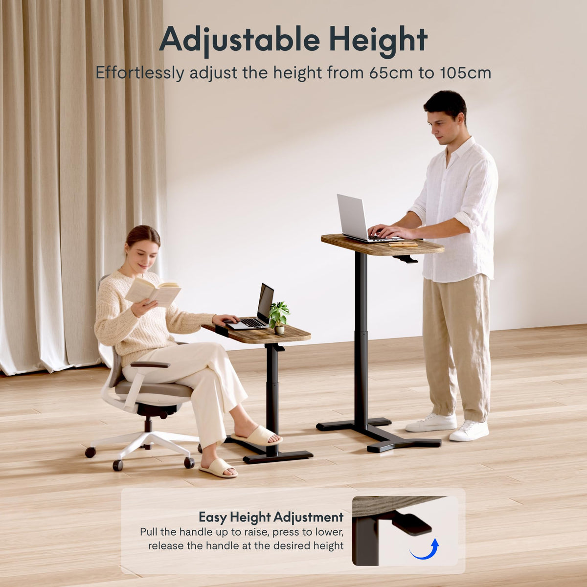 FLEXISPOT Overbed Table with Wheels, Adjustable Height Bedside Table, Rolling Laptop Desk for Bed Sofa, Small Standing Desk 75 x 40 cm - image 2