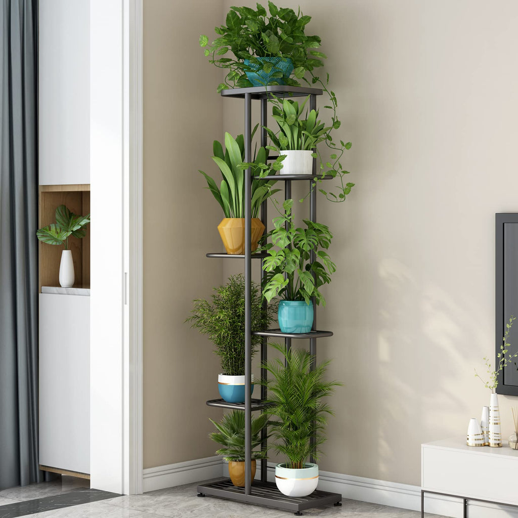 LINZINAR 6-Tier Metal Plant Stand – 7 Potted Vertical Flower Shelf, Dark Grey