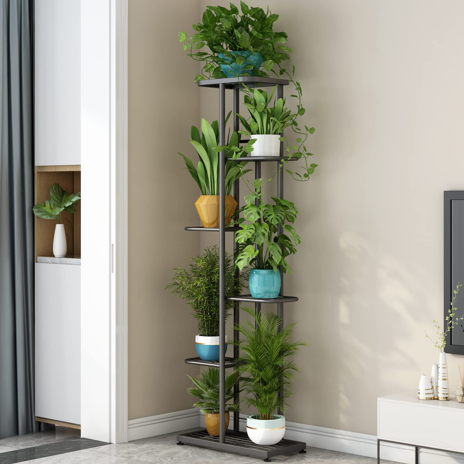 LINZINAR 6-Tier Metal Plant Stand – 7 Potted Vertical Flower Shelf, Dark Grey