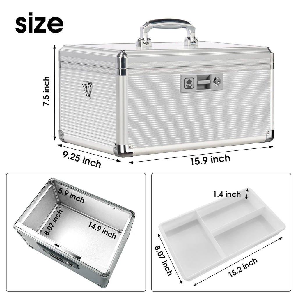 ZORVIDSON Medicine Lock Box with Key – Extra Large Silver Storage Case
