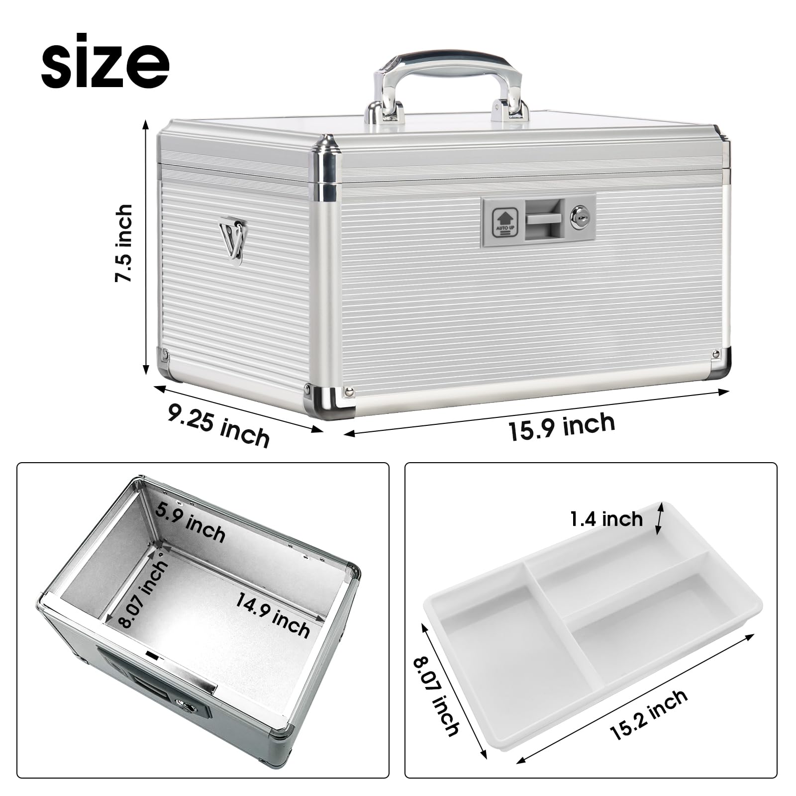 ZORVIDSON Medicine Lock Box with Key – Extra Large Silver Storage Case
