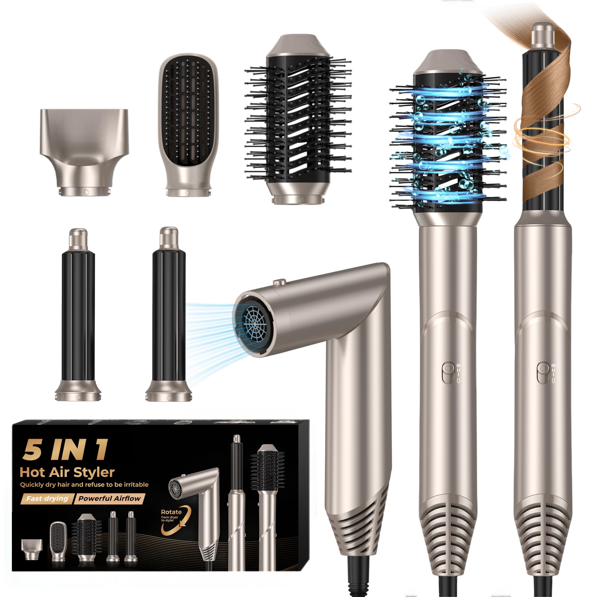 UKLISS 5-in-1 Air Styler | Ionic Hair Dryer Brush & Auto Curling Wand