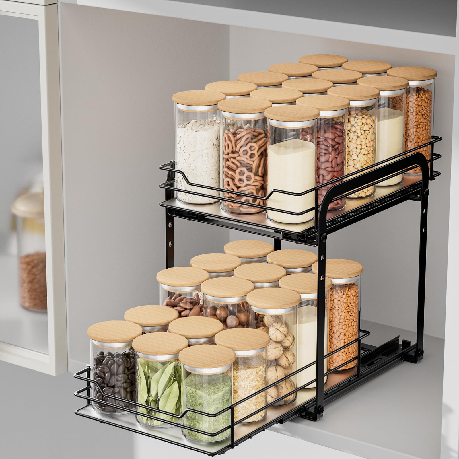 AIRUJIA 2-Tier Pull Out Cabinet Spice Rack | Height Adjustable Metal Shelf