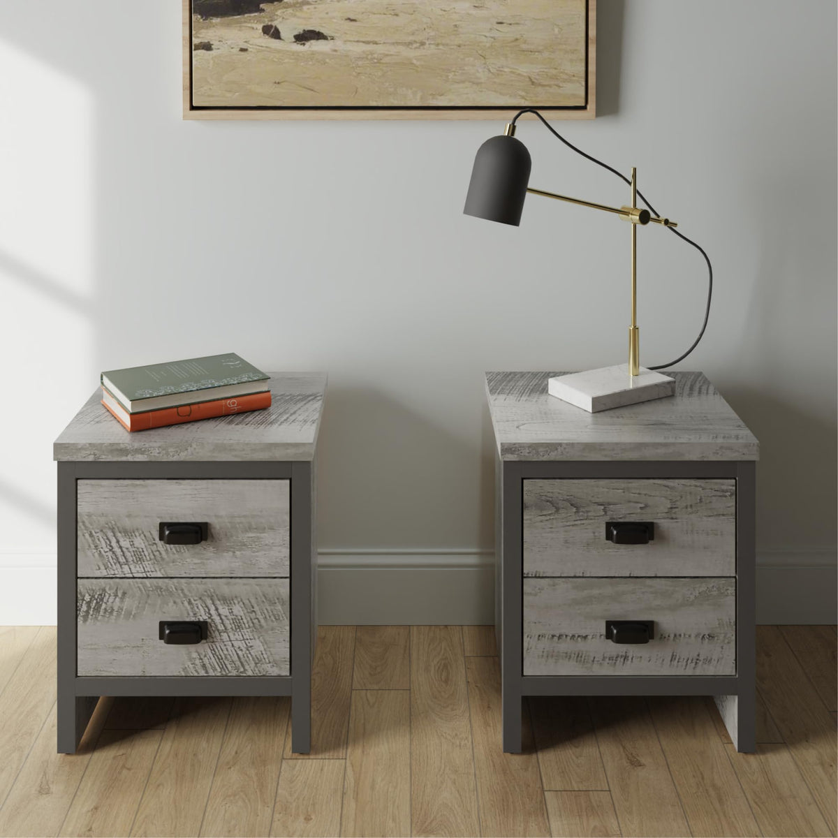 GFW Boston Pair of 2 Drawer Bedside Tables, Grey Wood Effect Bedside Cabinets, Industrial Style Nightstands with Storage Drawers - image 2