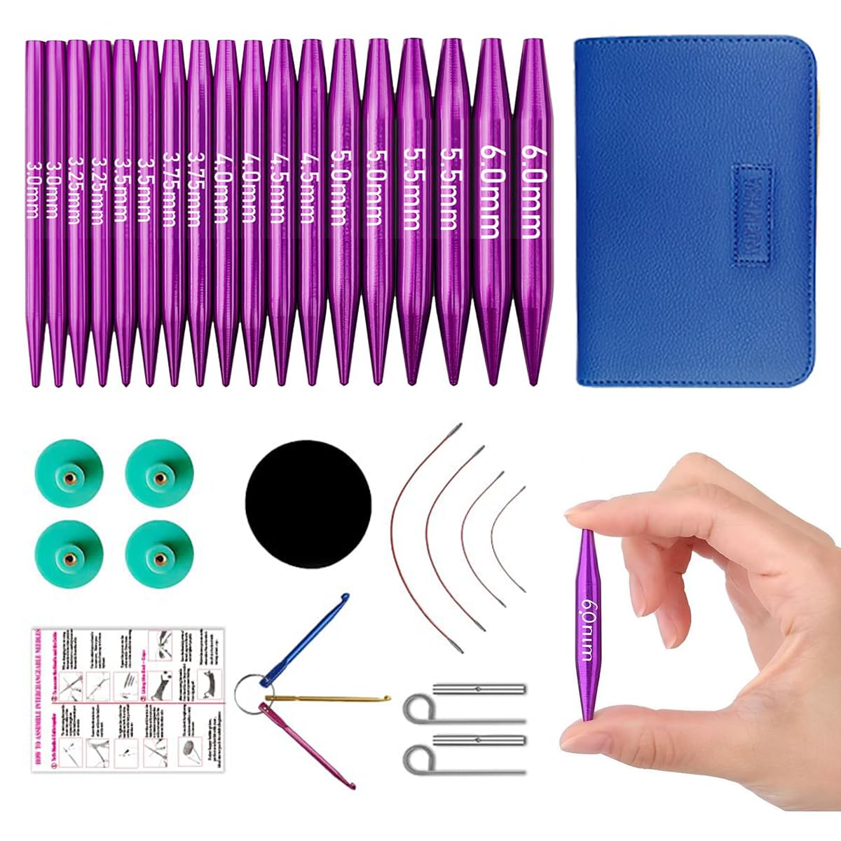 Knitiss Interchangeable Circular Knitting Needles Set - 9 Pairs, 5cm Short