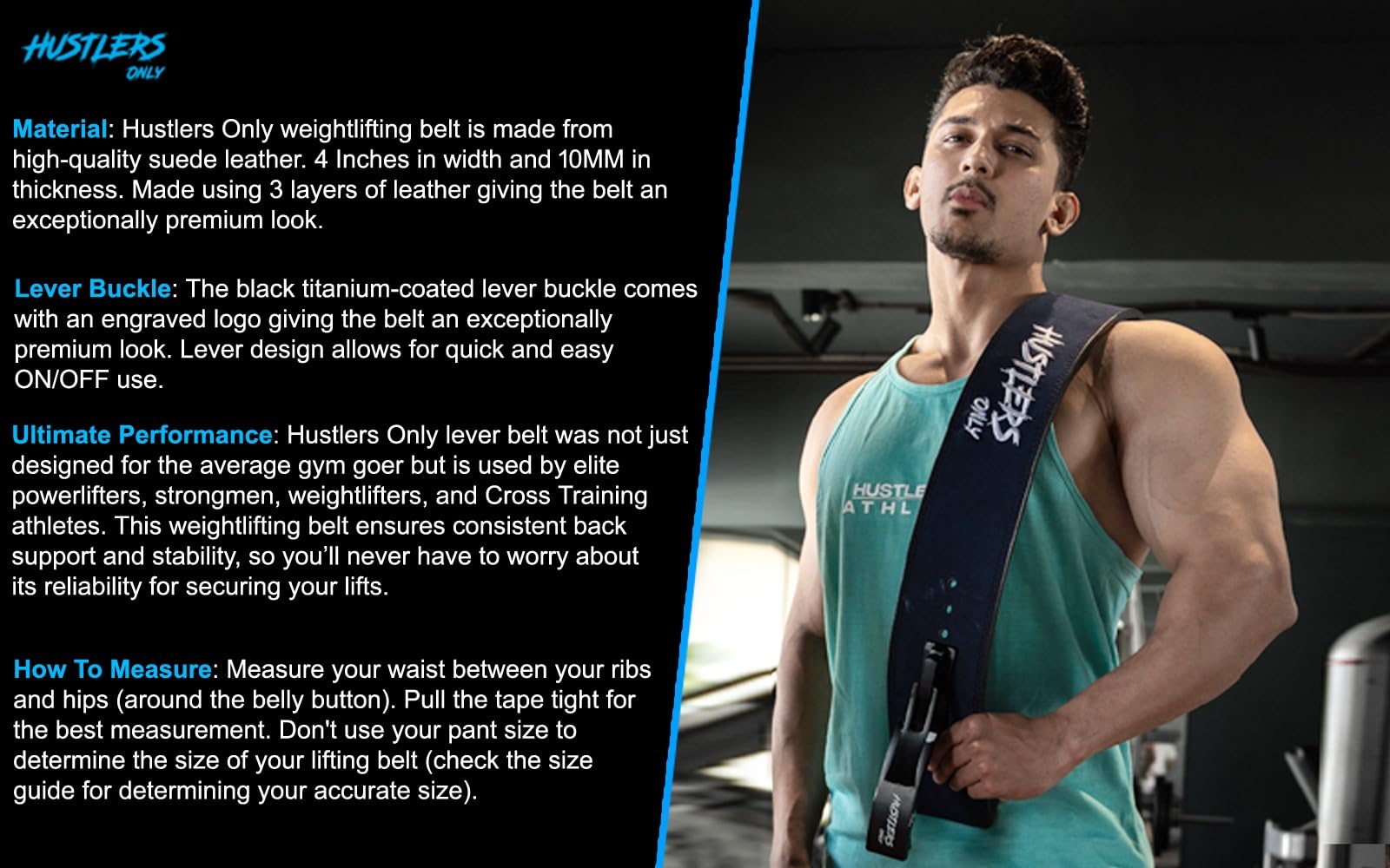 Hustlers Only 10mm Lever Weight Lifting Belt | Genuine Leather Blue