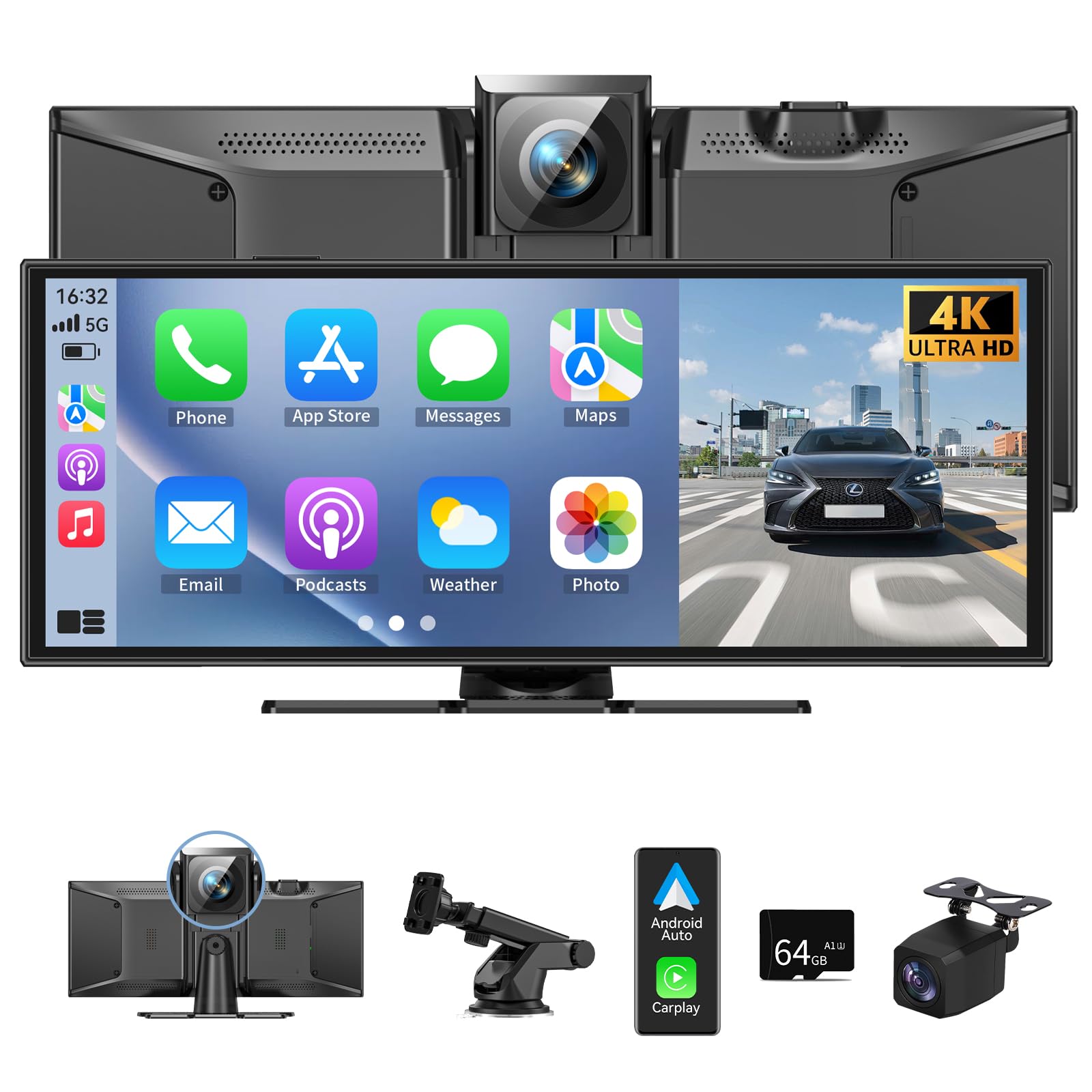 11.5" Carplay Screen – 4K Dash Cam Wireless Android Auto