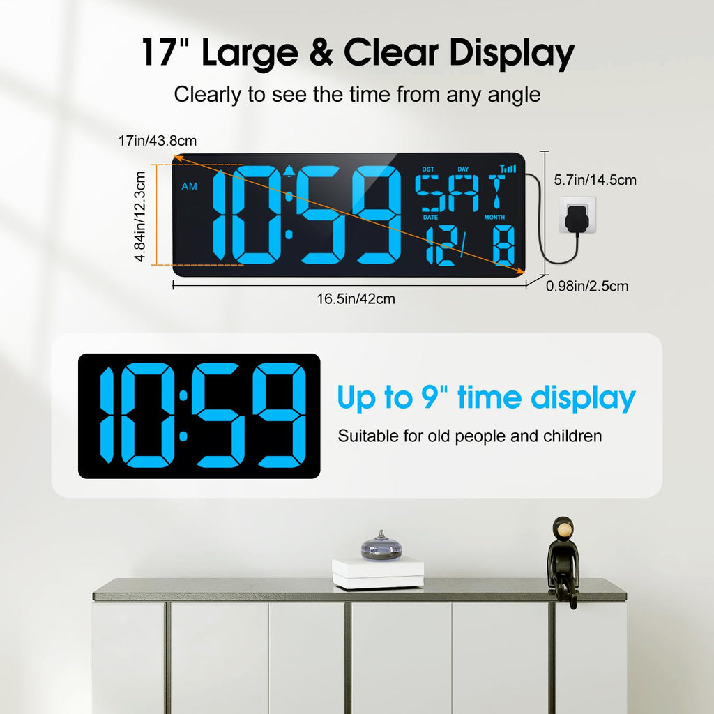 XREXS 17 Inch Large Digital Wall Clock | Bluetooth Auto-Sync LED Timer