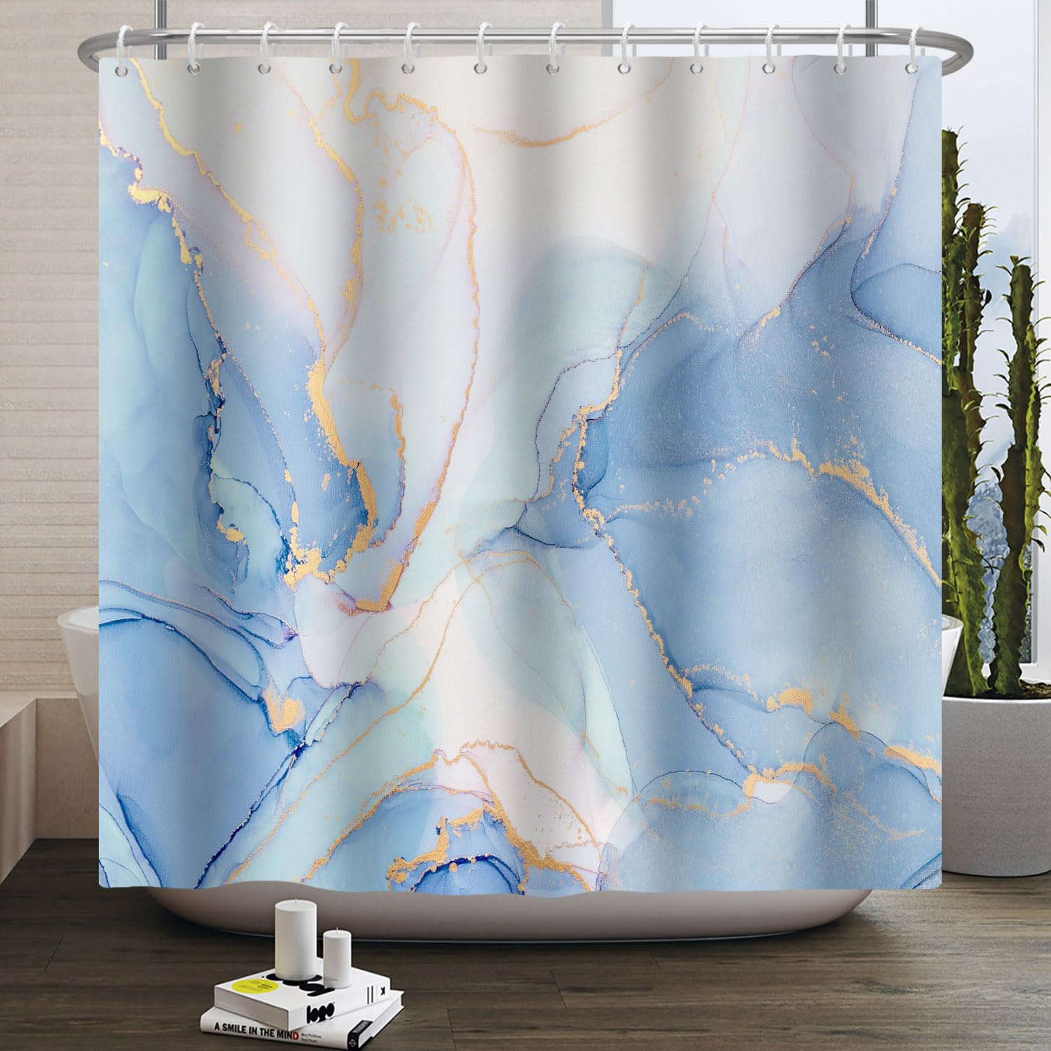 Jolof Store Blue Marble Shower Curtain – 180x200cm Waterproof Fabric