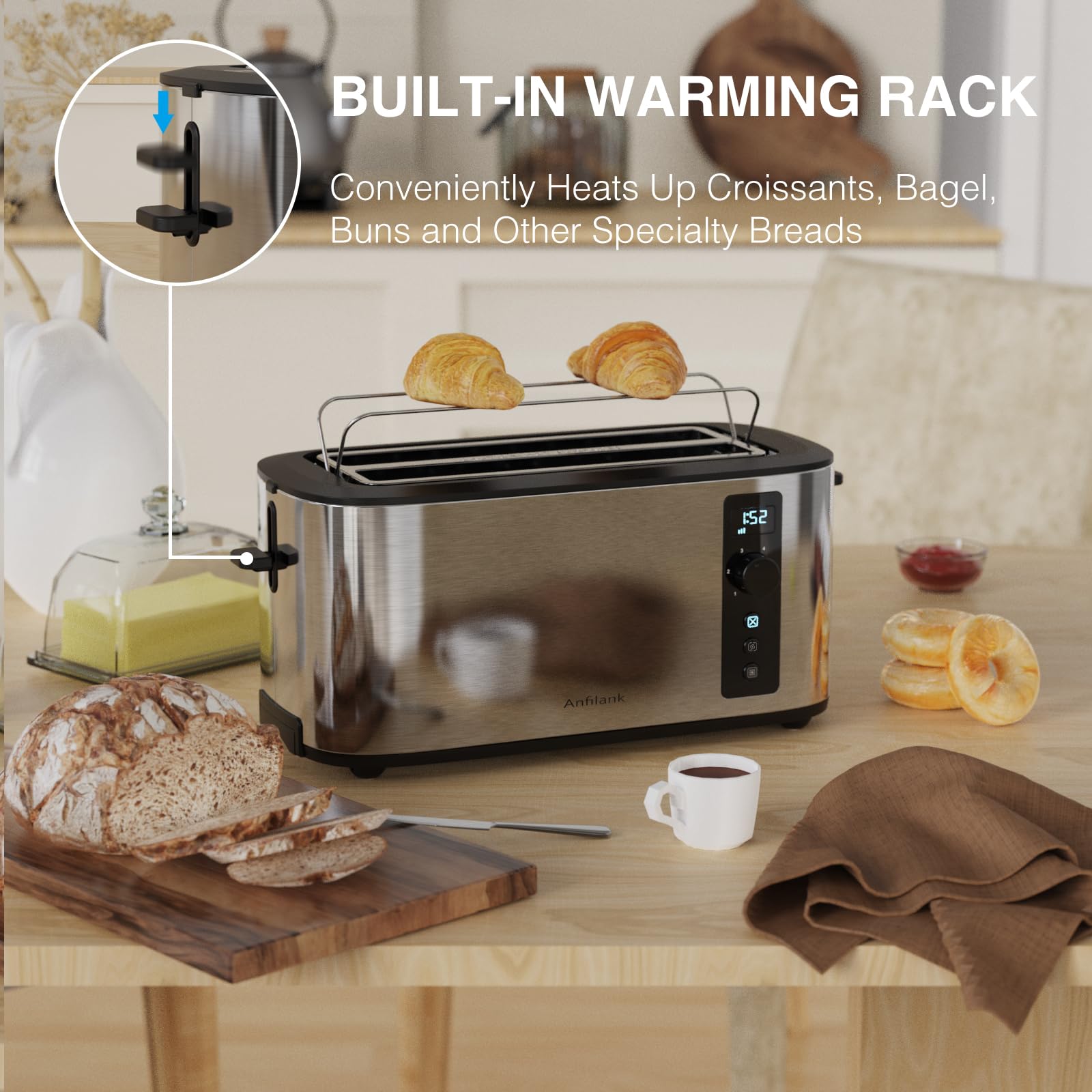 Anfilank 4 Slice Toaster – Stainless Steel with Digital Timer & Rack