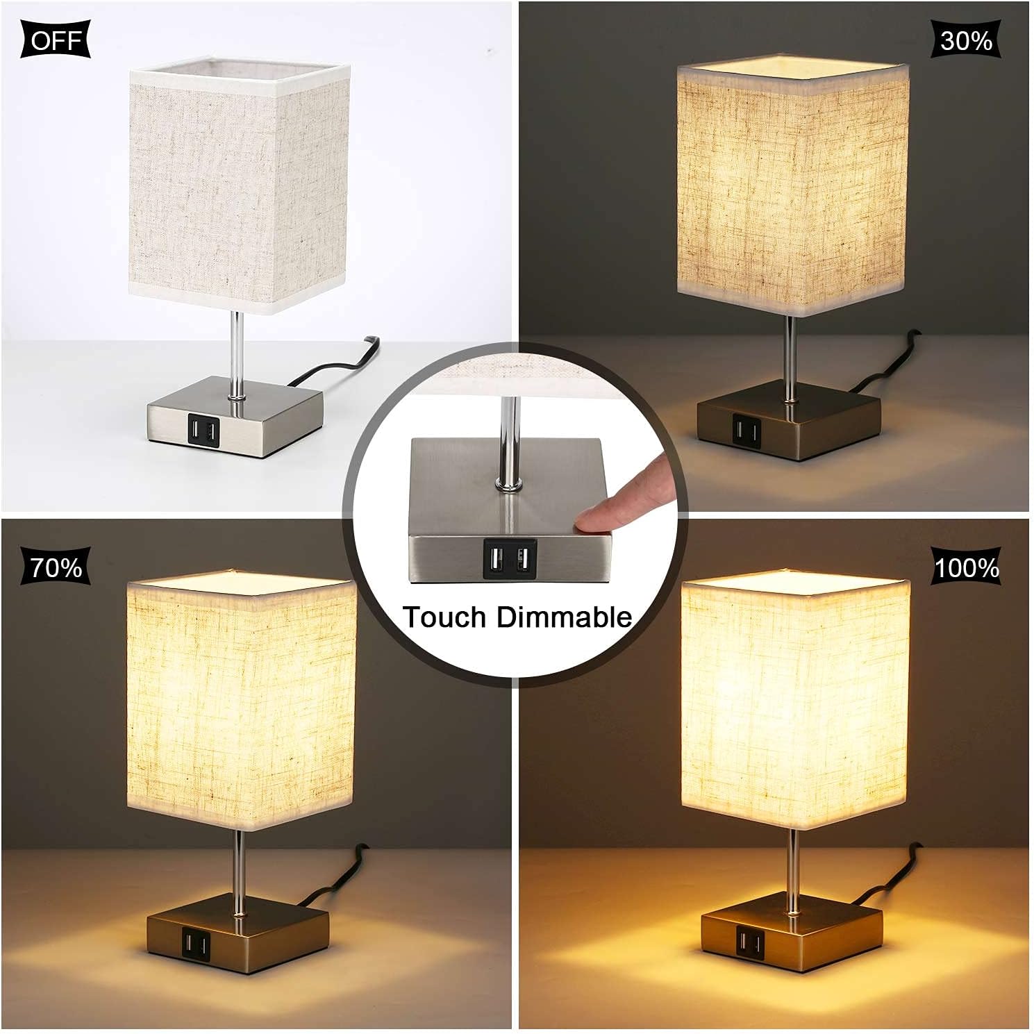 Lightess Touch Bedside Lamps - 3-Way Dimmable with Dual USB Ports, 2-Pack