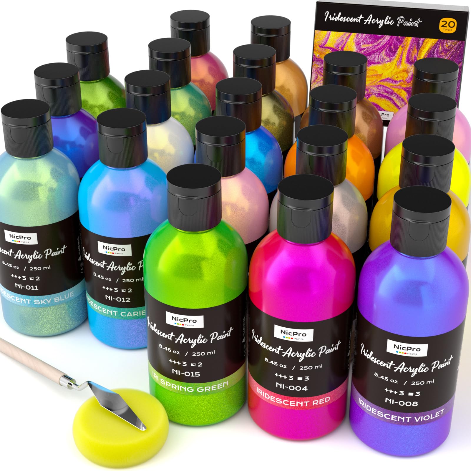 Nicpro 20 Color Iridescent Acrylic Paint Set | 250ml Bulk Color Shifting